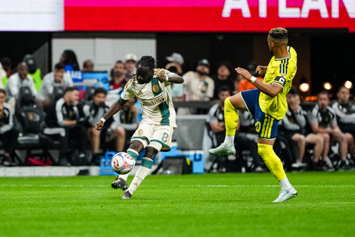 Atlanta United midfielder Tristan Muyumba #8 kicks the ball during the match against Nashville SC